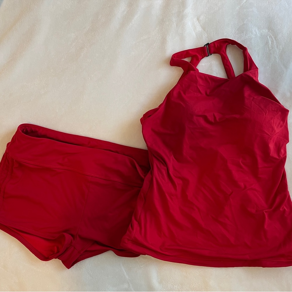 Athleta Red Tankini Top Swim Shorts 34D DD M